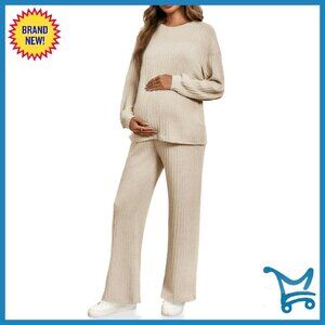 Maternity Pajama Set Ribbed Knit Long Sleeve Top & Pants Loungewear